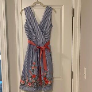 Madison Leigh Petite Blue and White Striped Dress with Coral Floral Embroidery